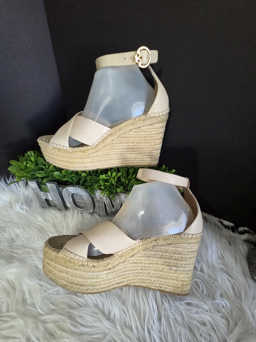 Tory Burch Selby Tan Leather Espadrille Ankle-Strap Wedge Sandals. Size 10